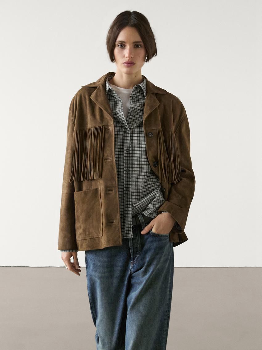 Massimo Dutti Suede With Fringing Women Leather Jacket Dark Brown | US-AD9647280