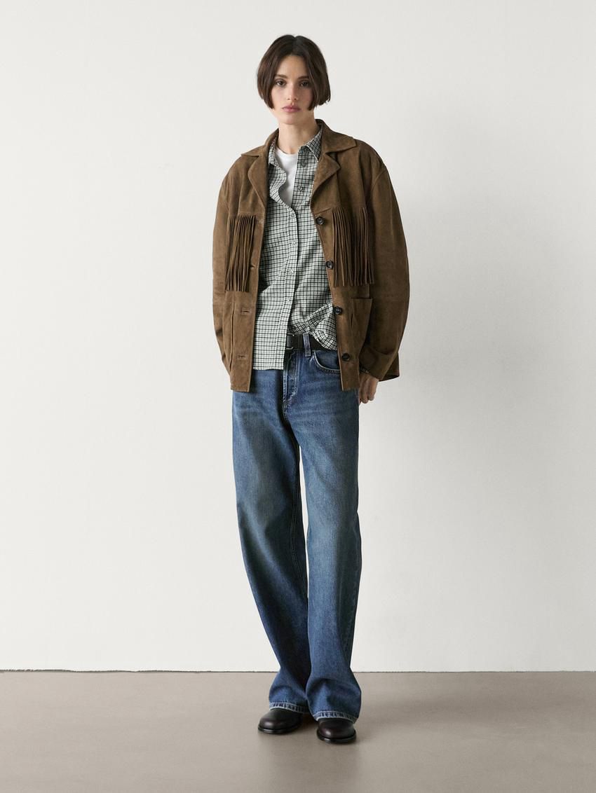 Massimo Dutti Suede With Fringing Women Leather Jacket Dark Brown | US-AD9647280