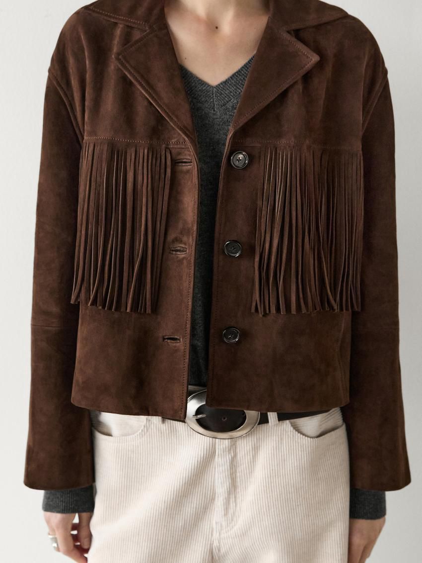 Massimo Dutti Suede With Leather Fringing Women Jacket Chocolate | US-GL0742581