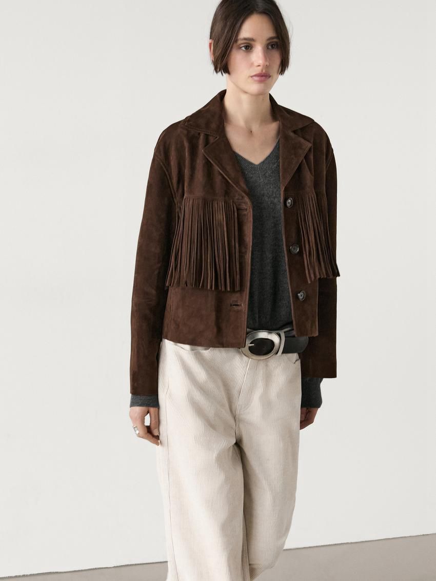 Massimo Dutti Suede With Leather Fringing Women Jacket Chocolate | US-GL0742581
