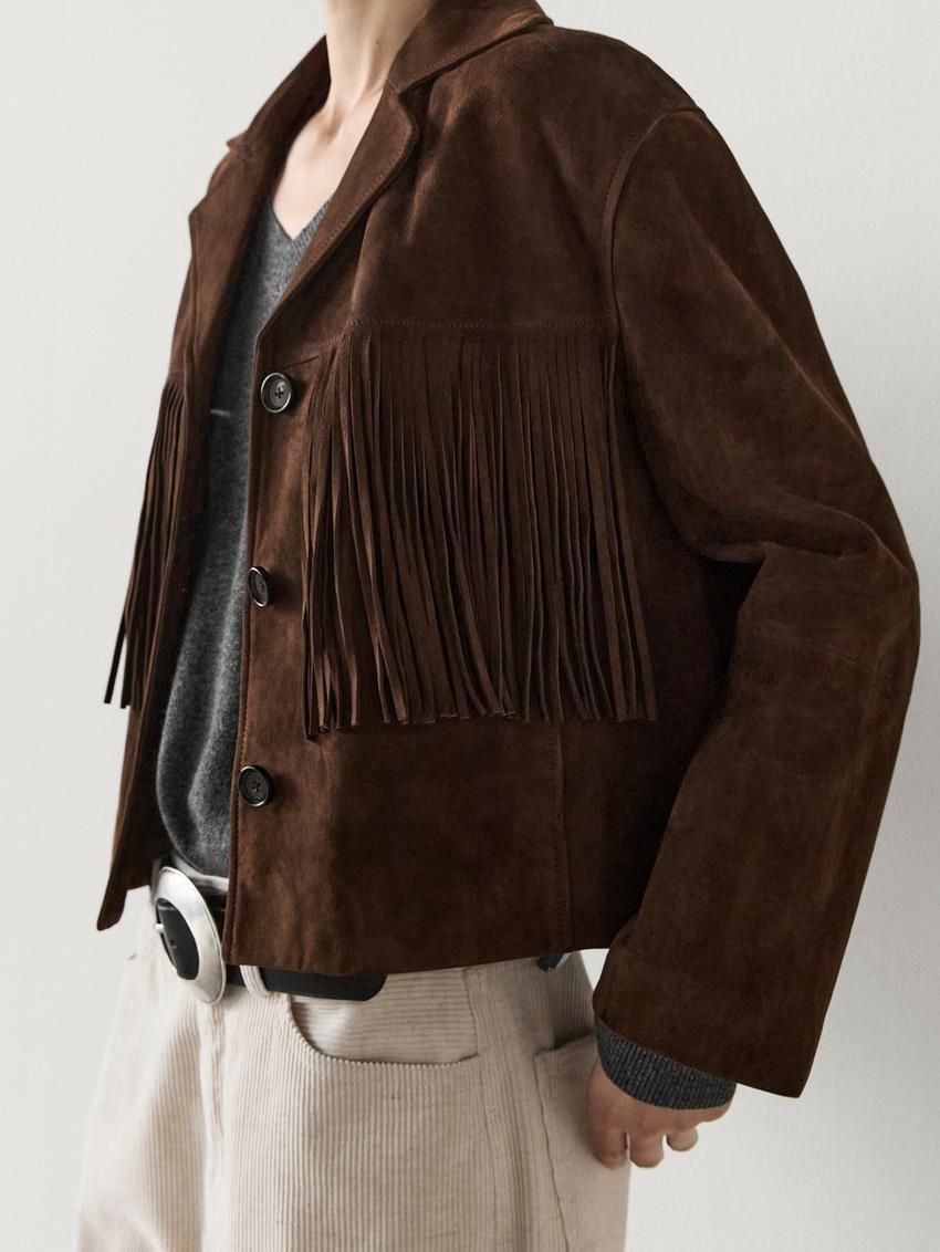 Massimo Dutti Suede With Leather Fringing Women Jacket Chocolate | US-GL0742581