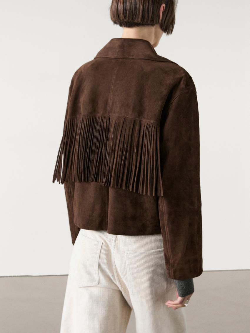 Massimo Dutti Suede With Leather Fringing Women Jacket Chocolate | US-GL0742581