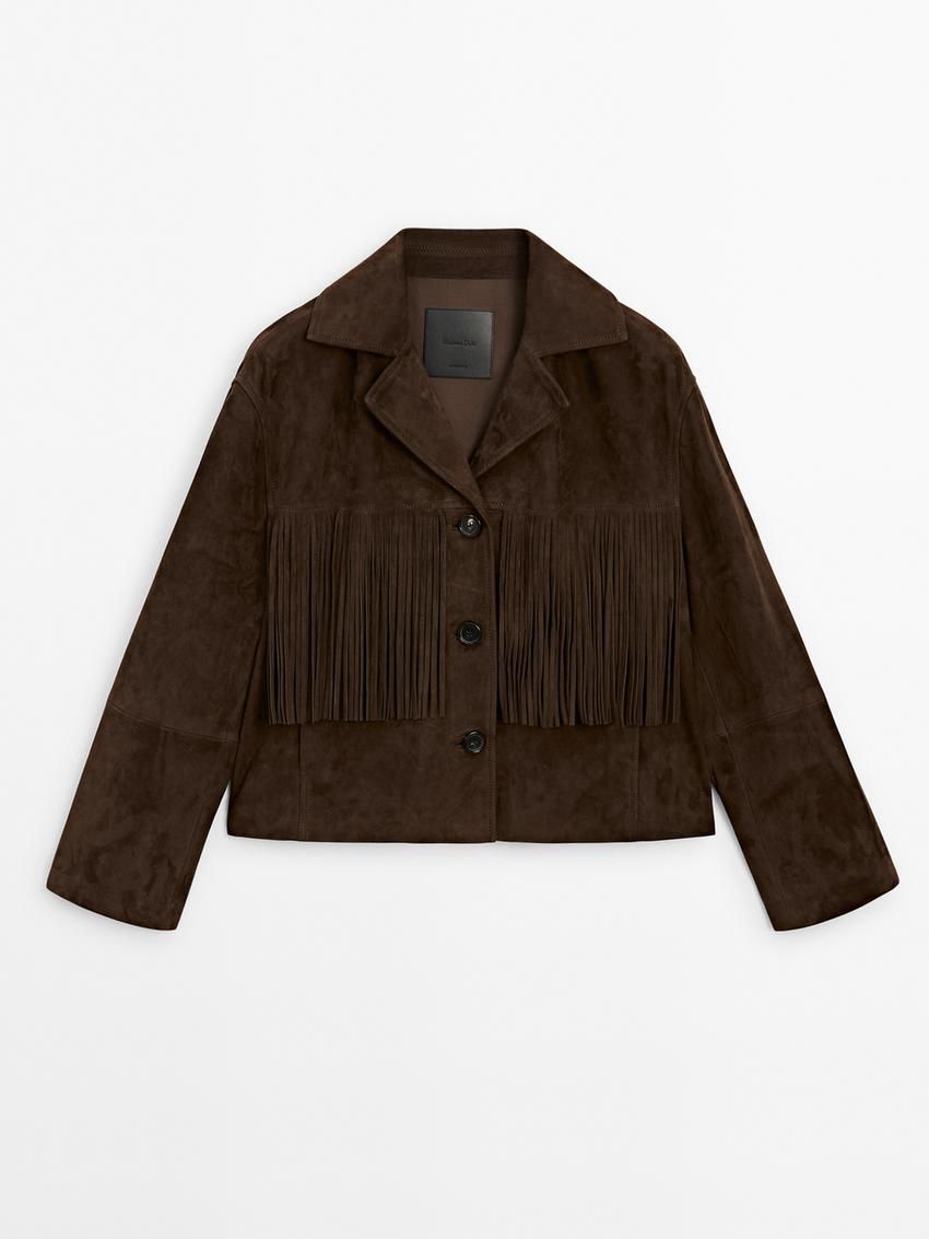 Massimo Dutti Suede With Leather Fringing Women Jacket Chocolate | US-GL0742581