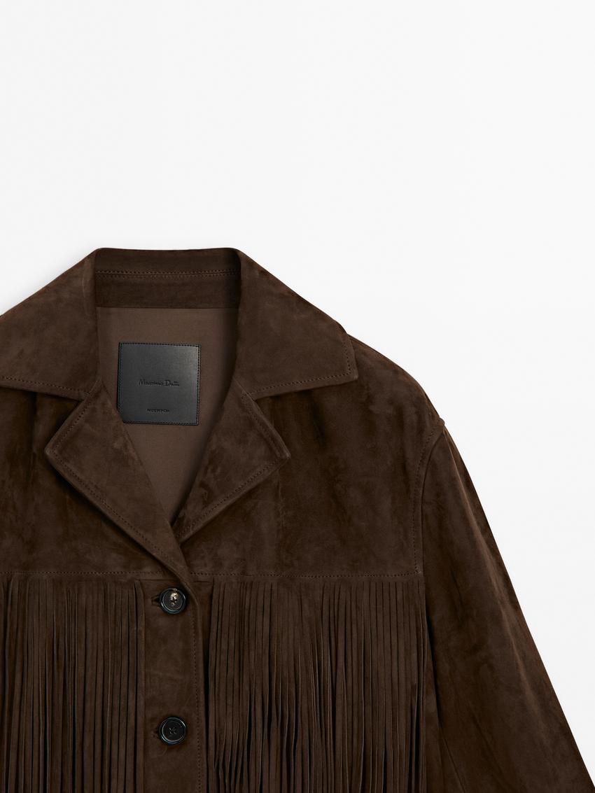 Massimo Dutti Suede With Leather Fringing Women Jacket Chocolate | US-GL0742581