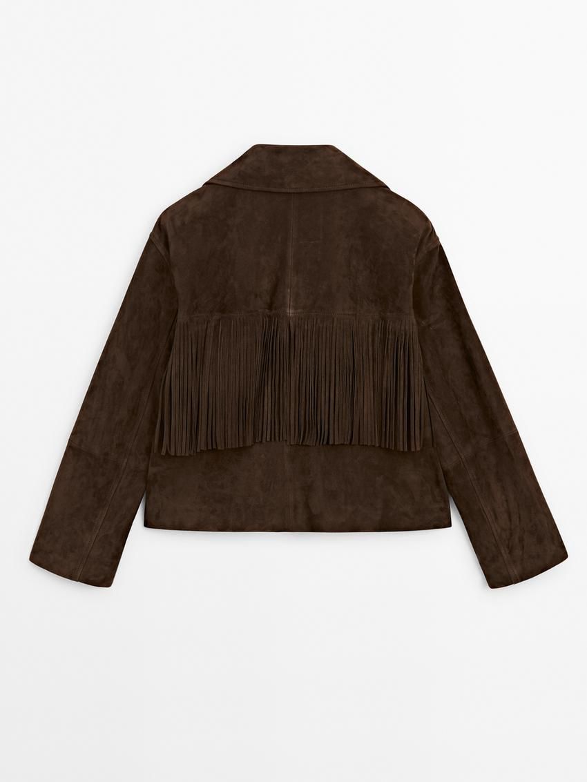 Massimo Dutti Suede With Leather Fringing Women Jacket Chocolate | US-GL0742581