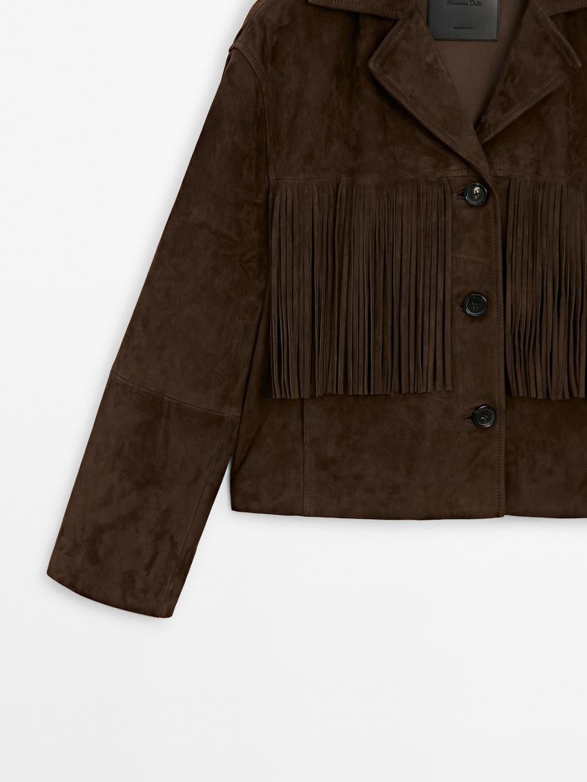 Massimo Dutti Suede With Leather Fringing Women Jacket Chocolate | US-GL0742581