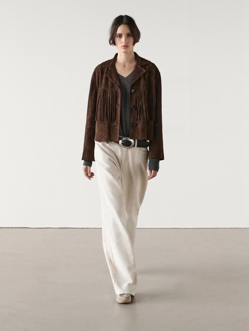 Massimo Dutti Suede With Leather Fringing Women Jacket Chocolate | US-GL0742581