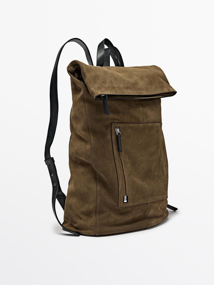 Massimo Dutti Suede With Nappa Leather Detail Men Backpack Khaki | US-OA5638127