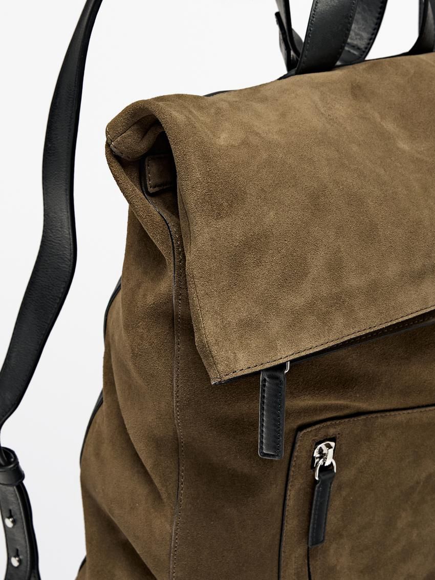 Massimo Dutti Suede With Nappa Leather Detail Men Backpack Khaki | US-OA5638127