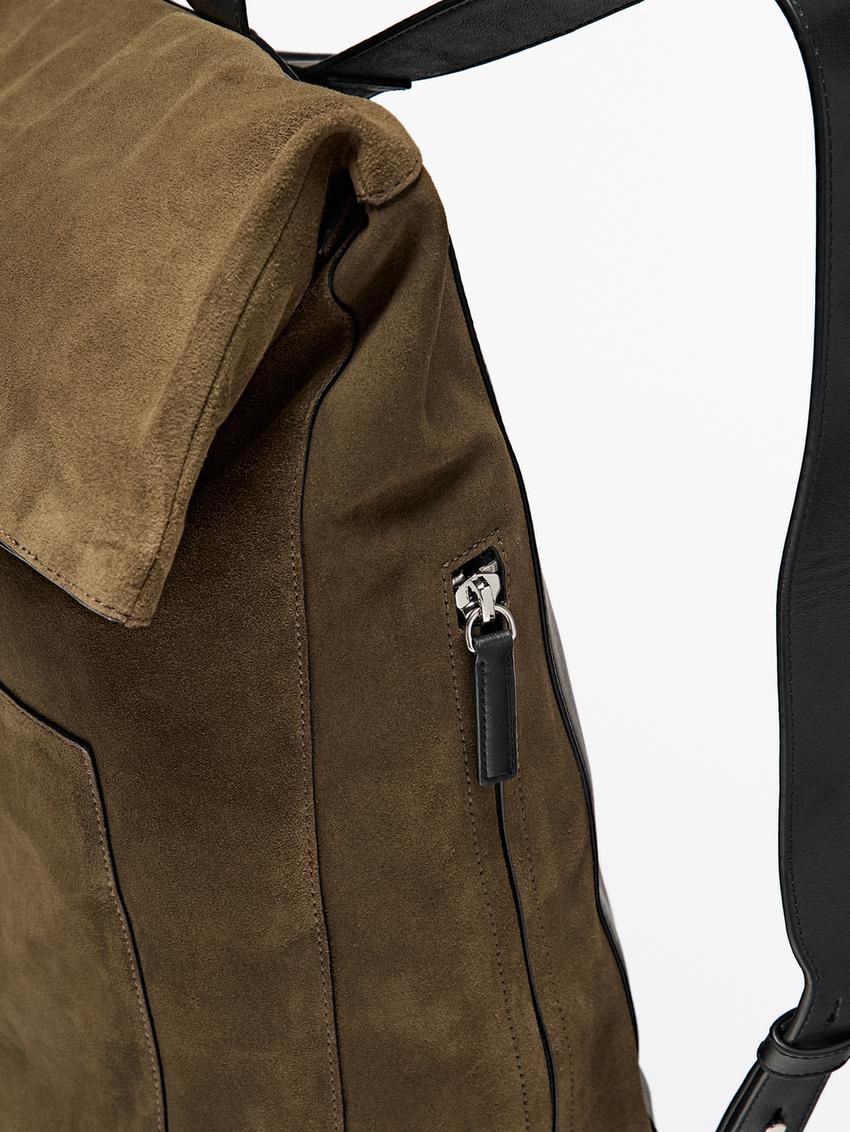 Massimo Dutti Suede With Nappa Leather Detail Men Backpack Khaki | US-OA5638127
