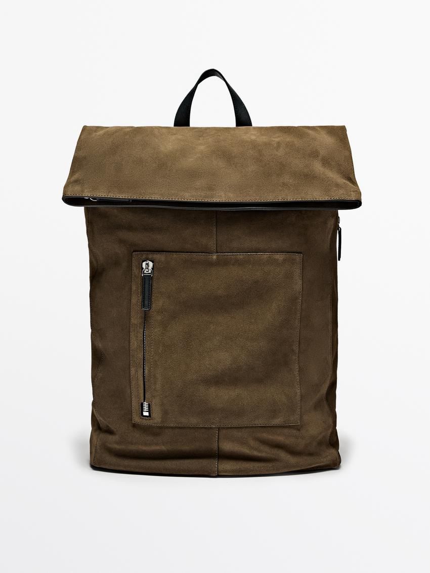 Massimo Dutti Suede With Nappa Leather Detail Men Backpack Khaki | US-OA5638127