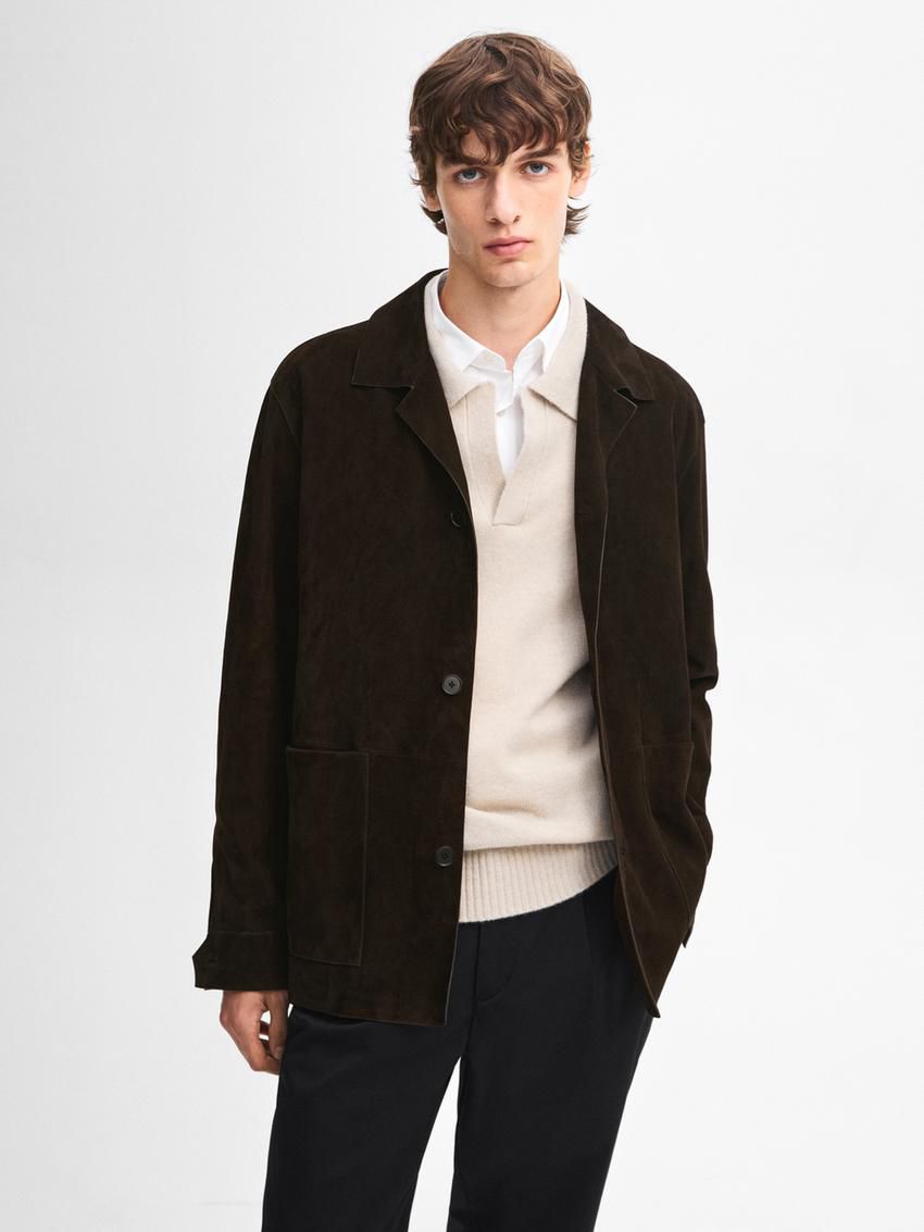 Massimo Dutti Suede With Patch Pocket Men Leather Jacket Dark Brown | US-AK2753901