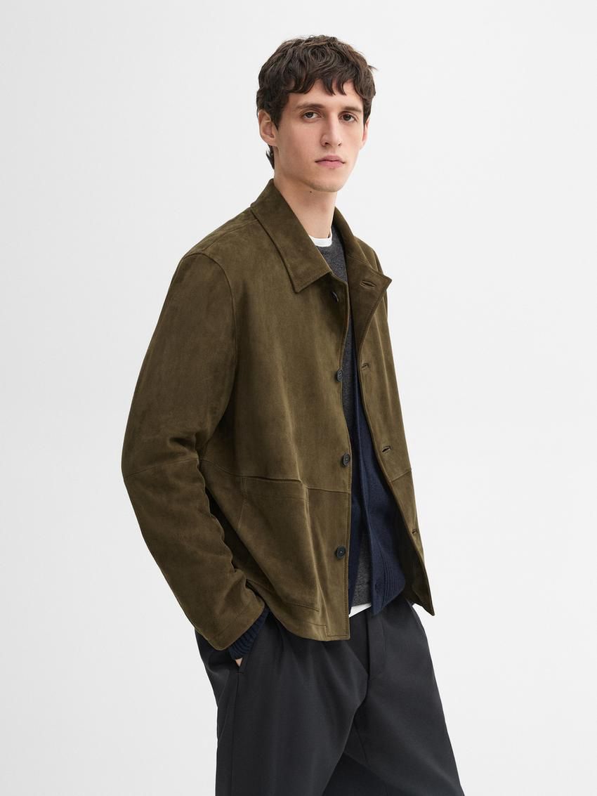 Massimo Dutti Suede With Patch Pockets Men Leather Jacket Khaki | US-YB3948076