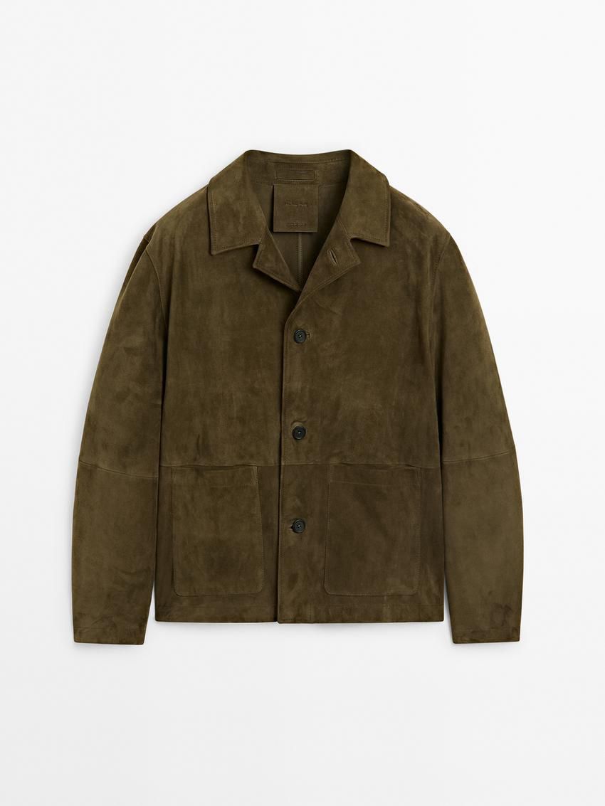 Massimo Dutti Suede With Patch Pockets Men Leather Jacket Khaki | US-YB3948076