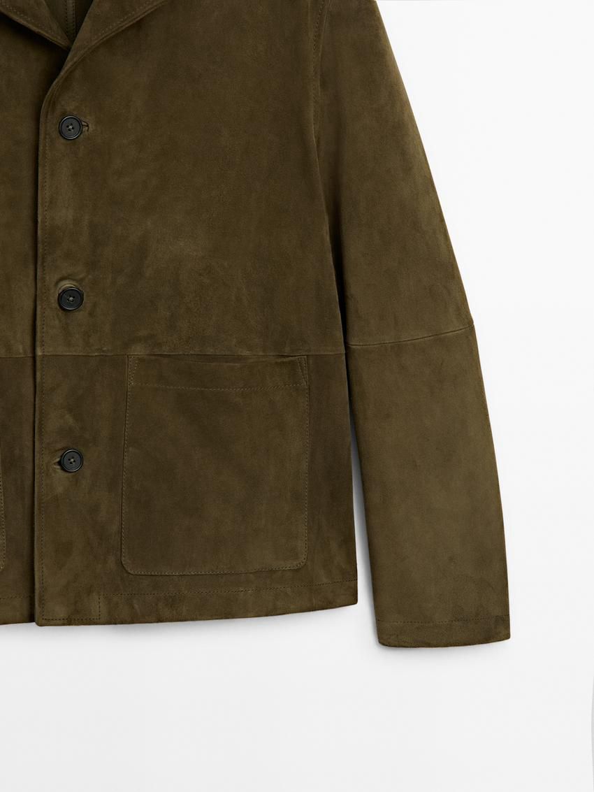 Massimo Dutti Suede With Patch Pockets Men Leather Jacket Khaki | US-YB3948076