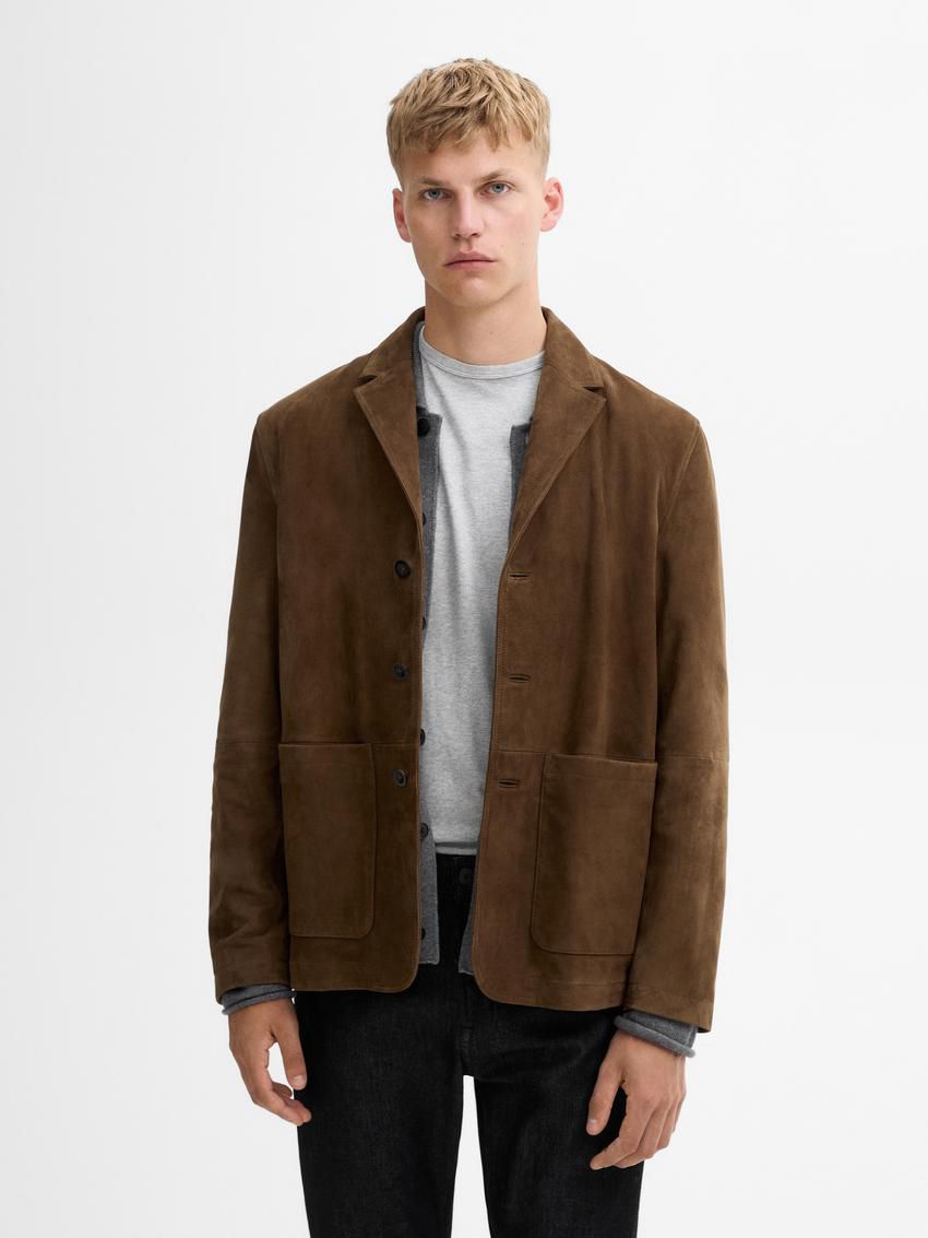 Massimo Dutti Suede With Patch Pockets Men Leather Jacket Dark Brown | US-KV2573968