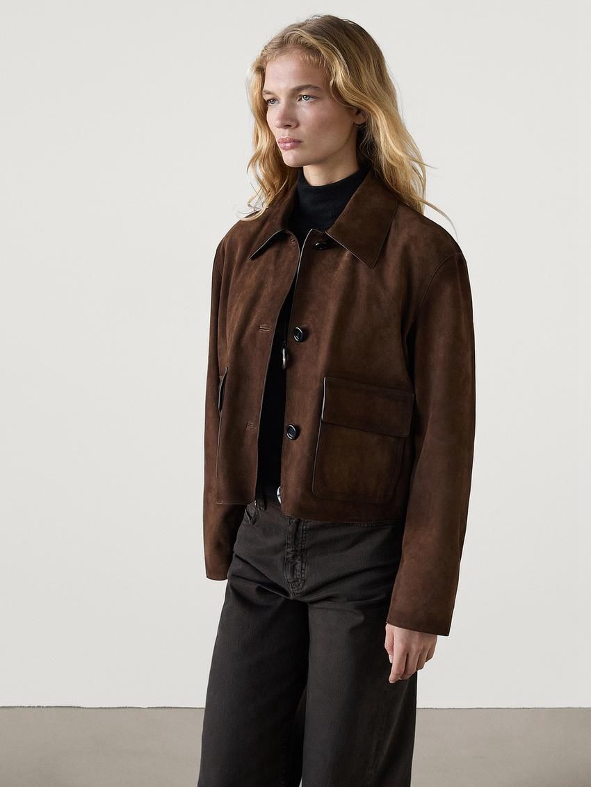 Massimo Dutti Suede With Pockets Women Leather Jacket Dark Brown | US-GD9162478