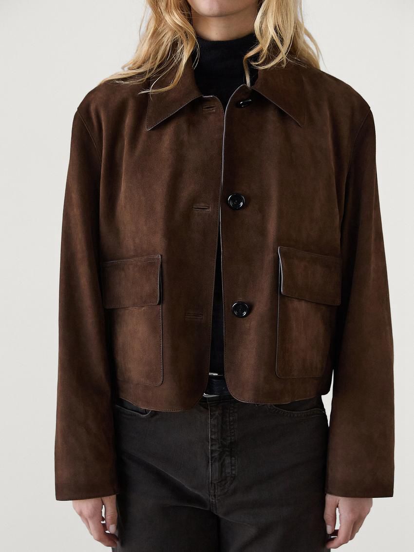 Massimo Dutti Suede With Pockets Women Leather Jacket Dark Brown | US-GD9162478