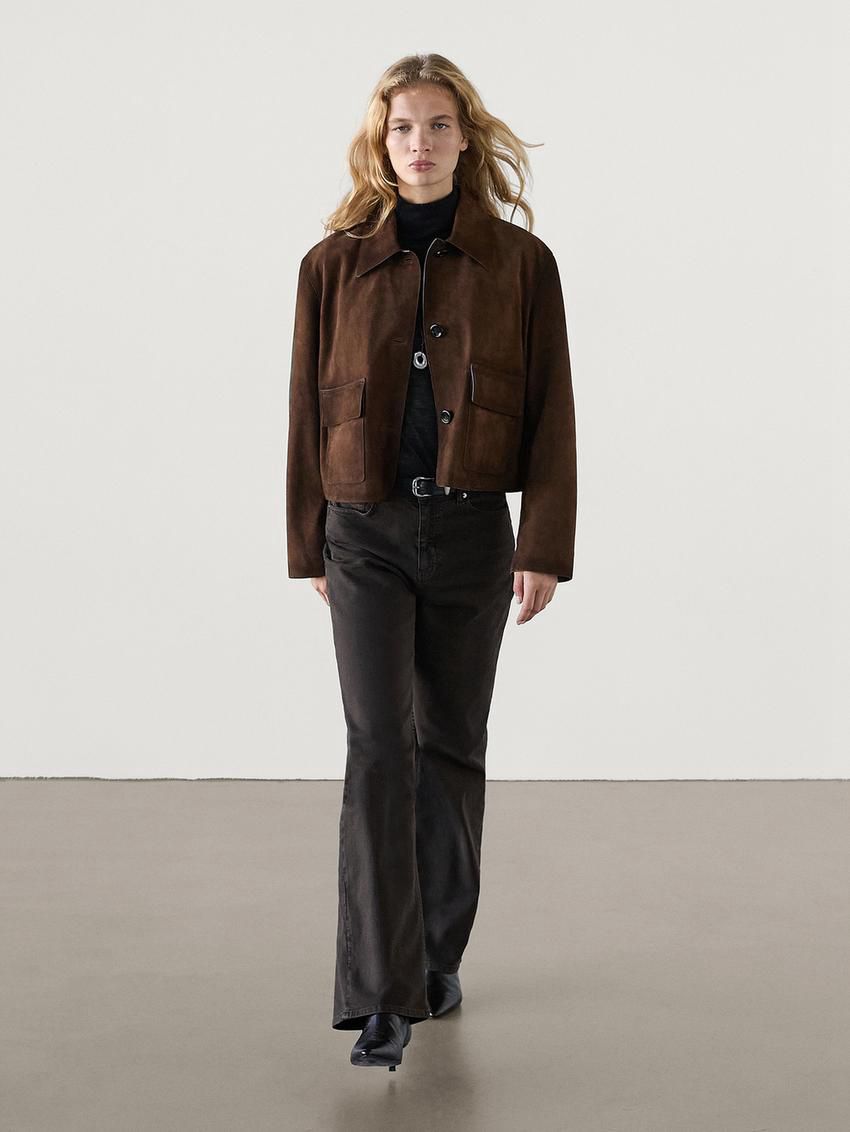 Massimo Dutti Suede With Pockets Women Leather Jacket Dark Brown | US-GD9162478