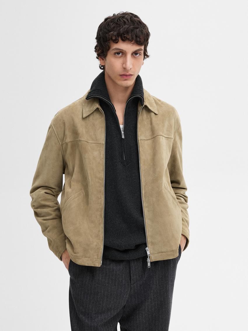 Massimo Dutti Suede Zip-up Men Leather Jacket Light Brown | US-JG1632478