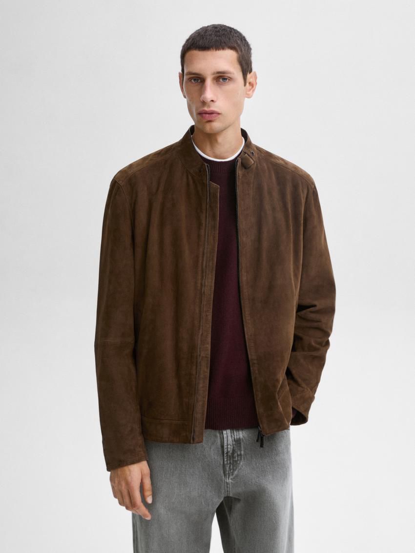 Massimo Dutti Suede Zip-up Men Leather Jacket Dark Brown | US-RG7019826