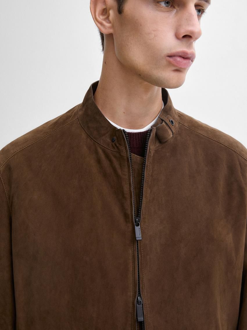 Massimo Dutti Suede Zip-up Men Leather Jacket Dark Brown | US-RG7019826