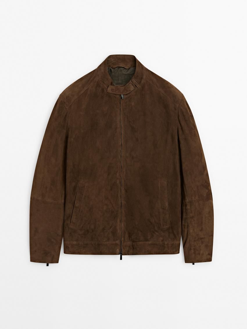 Massimo Dutti Suede Zip-up Men Leather Jacket Dark Brown | US-RG7019826