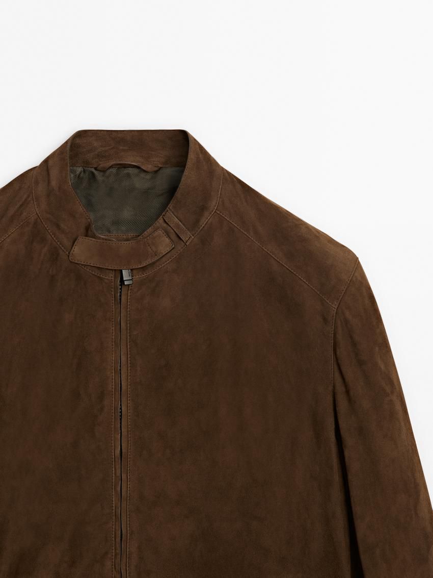 Massimo Dutti Suede Zip-up Men Leather Jacket Dark Brown | US-RG7019826