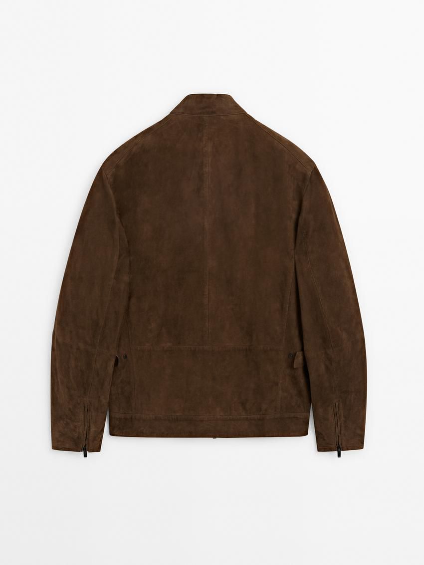 Massimo Dutti Suede Zip-up Men Leather Jacket Dark Brown | US-RG7019826