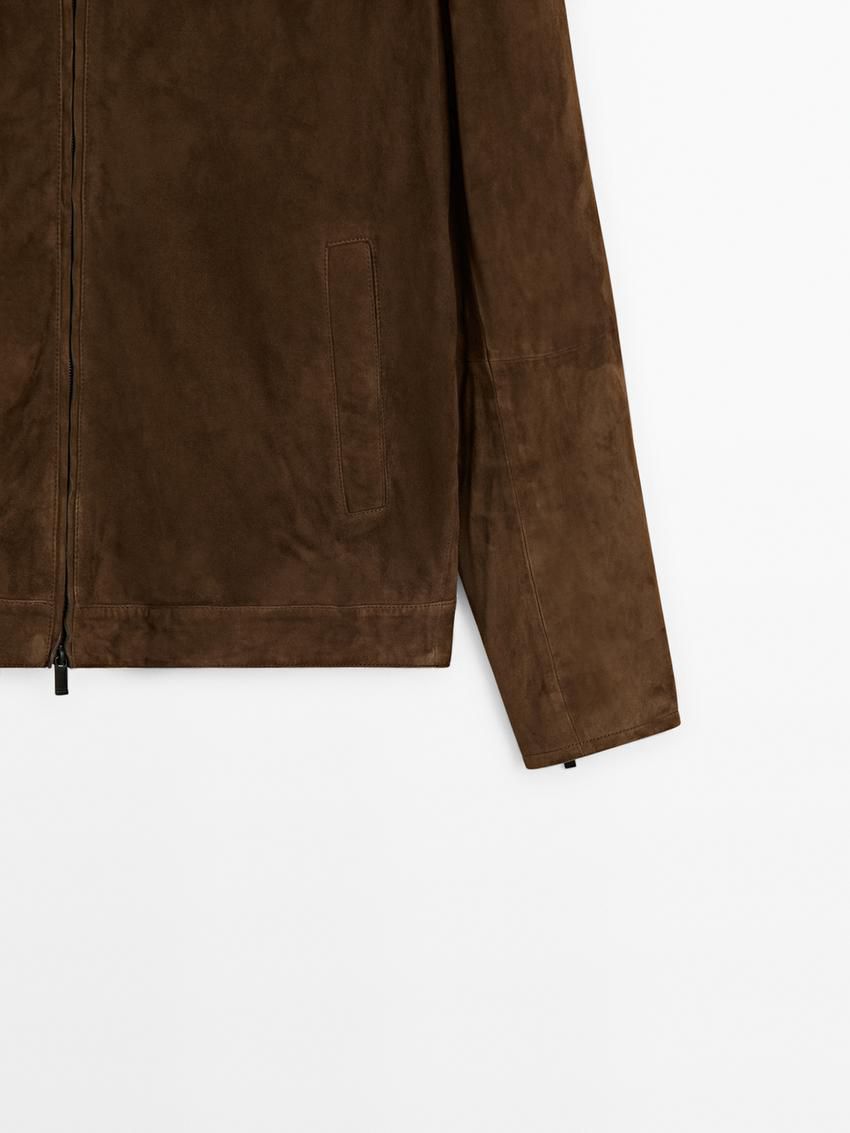 Massimo Dutti Suede Zip-up Men Leather Jacket Dark Brown | US-RG7019826