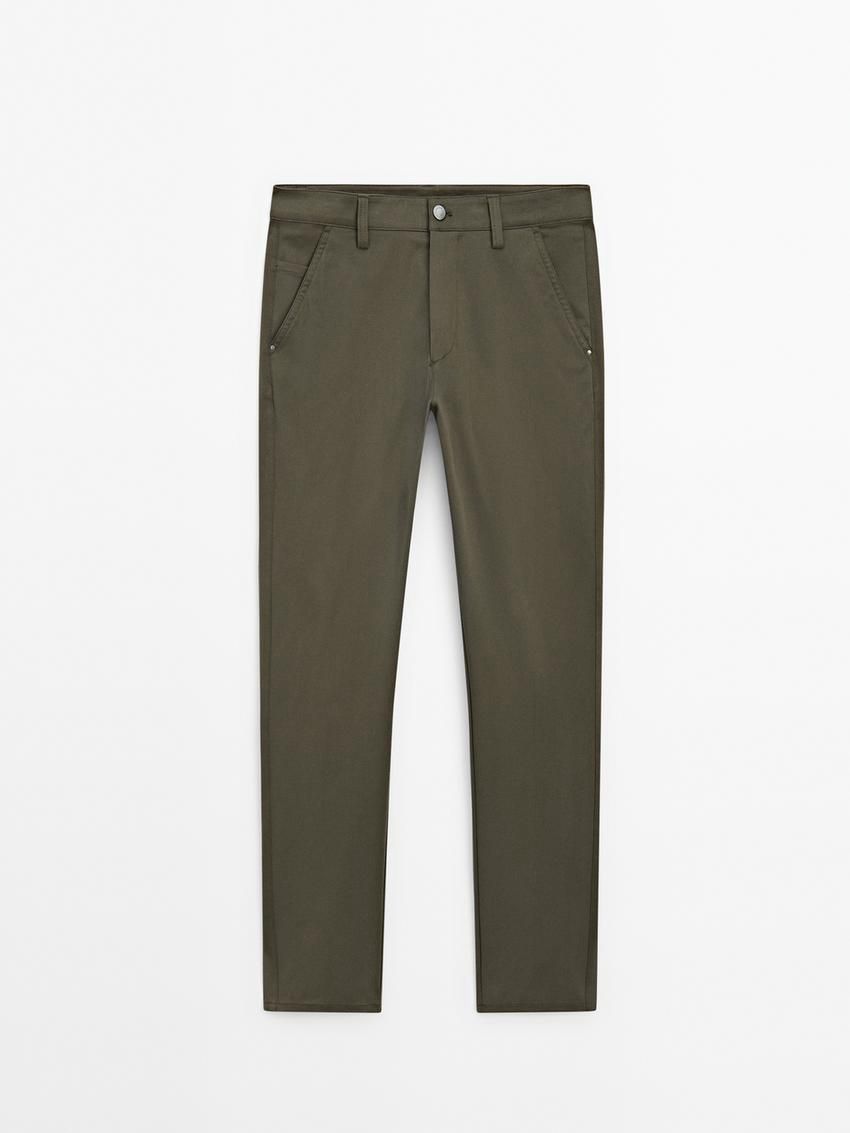 Massimo Dutti Tapered Fit Cotton Blend Denim Men Trousers Khaki | US-QY1027436