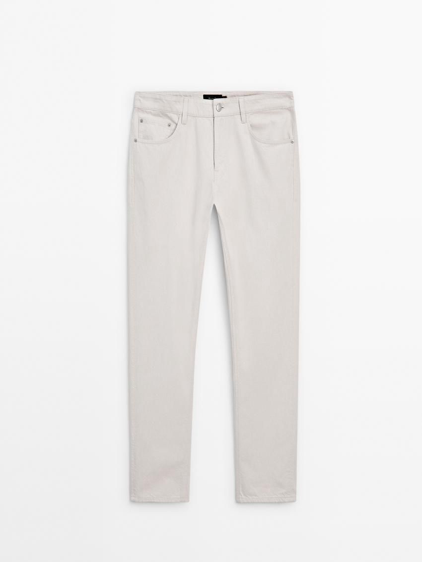 Massimo Dutti Tapered Fit Cotton Denim Men Trousers Cream | US-QA3817564