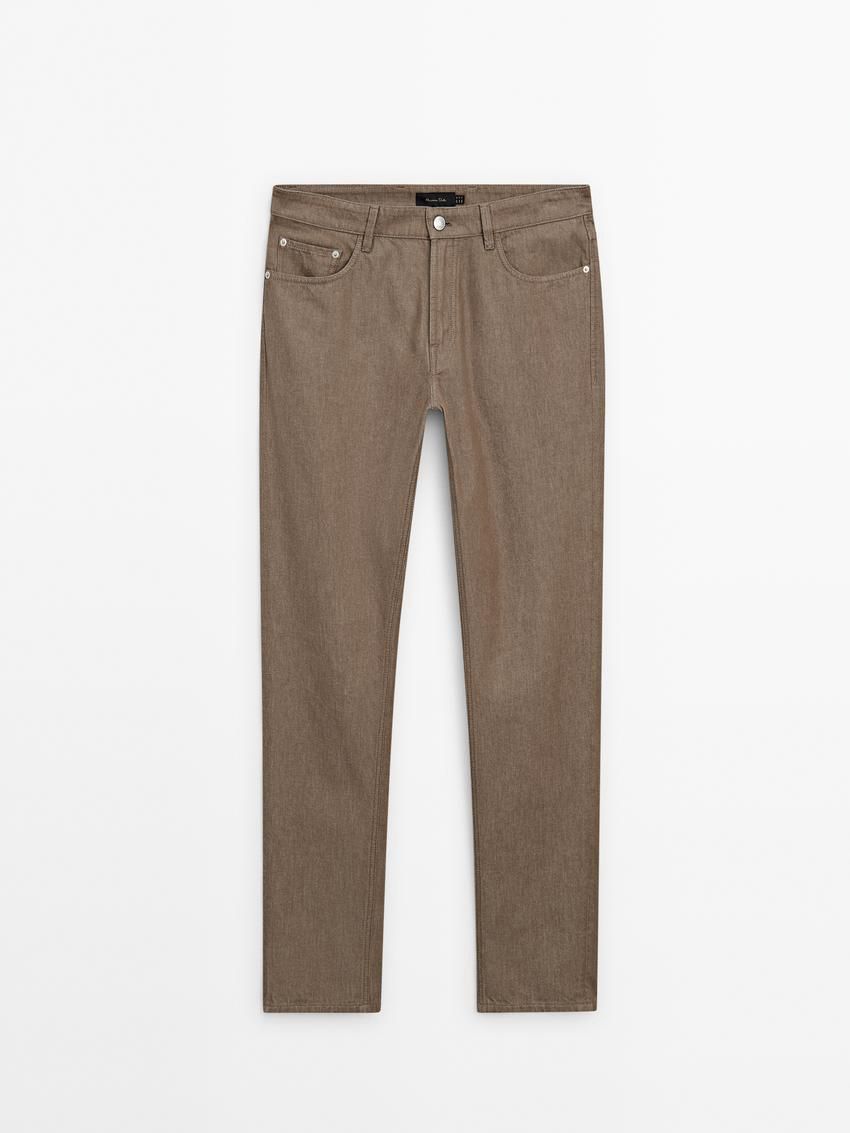Massimo Dutti Tapered Fit Cotton Denim Men Trousers Brown Beige | US-UN7305846