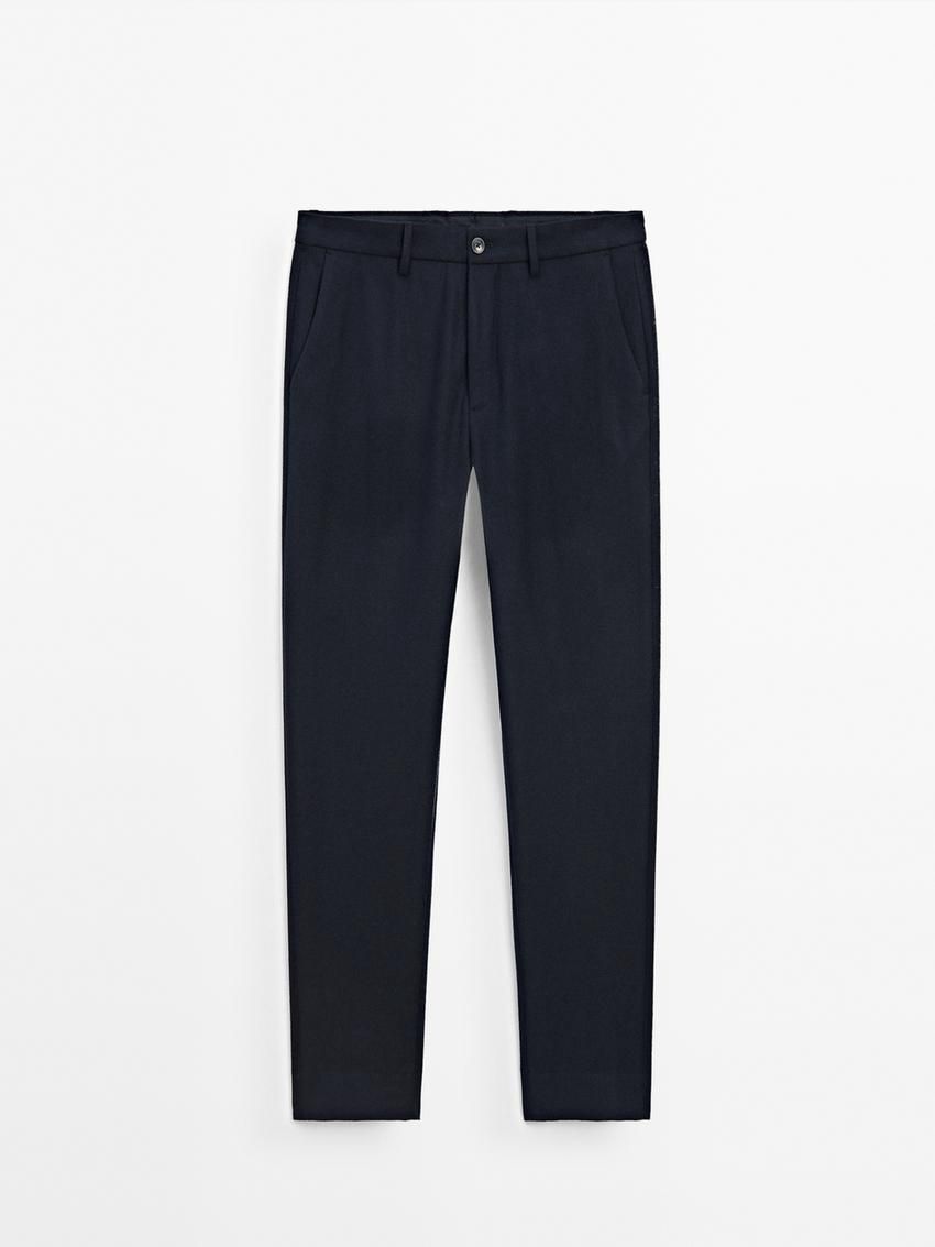 Massimo Dutti Tapered Fit Flannel Men Trousers Navy | US-UH2014376