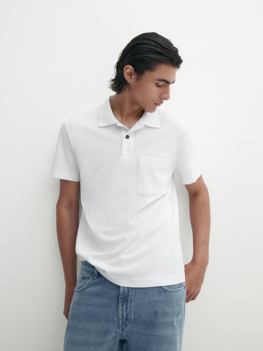 Massimo Dutti Textured Cotton With Pocket Detail Men Polo Shirt White | US-ZO2054197