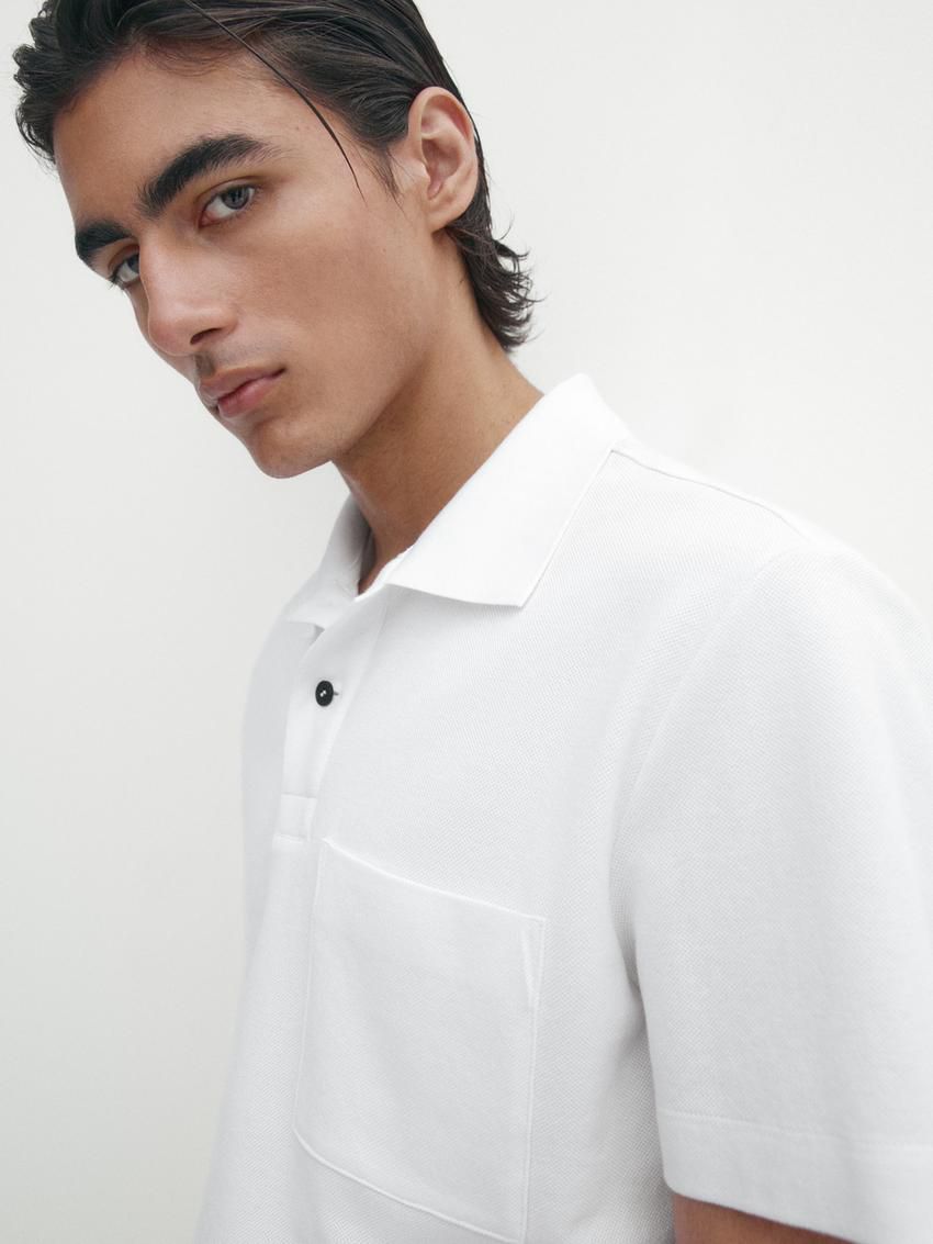 Massimo Dutti Textured Cotton With Pocket Detail Men Polo Shirt White | US-ZO2054197