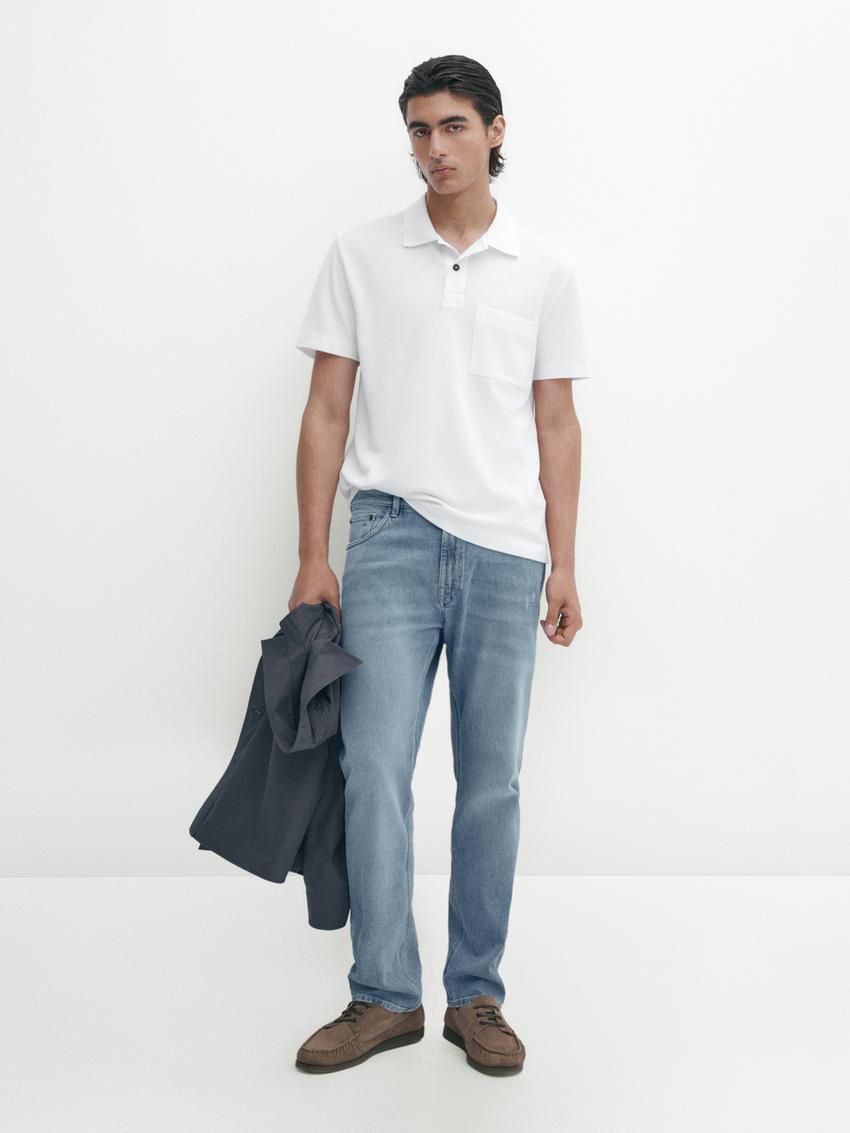 Massimo Dutti Textured Cotton With Pocket Detail Men Polo Shirt White | US-ZO2054197