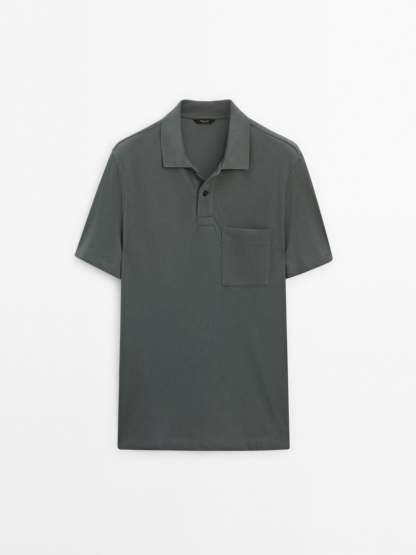 Massimo Dutti Textured Cotton With Pocket Detail Men Polo Shirt Dark Grey | US-PY4065137