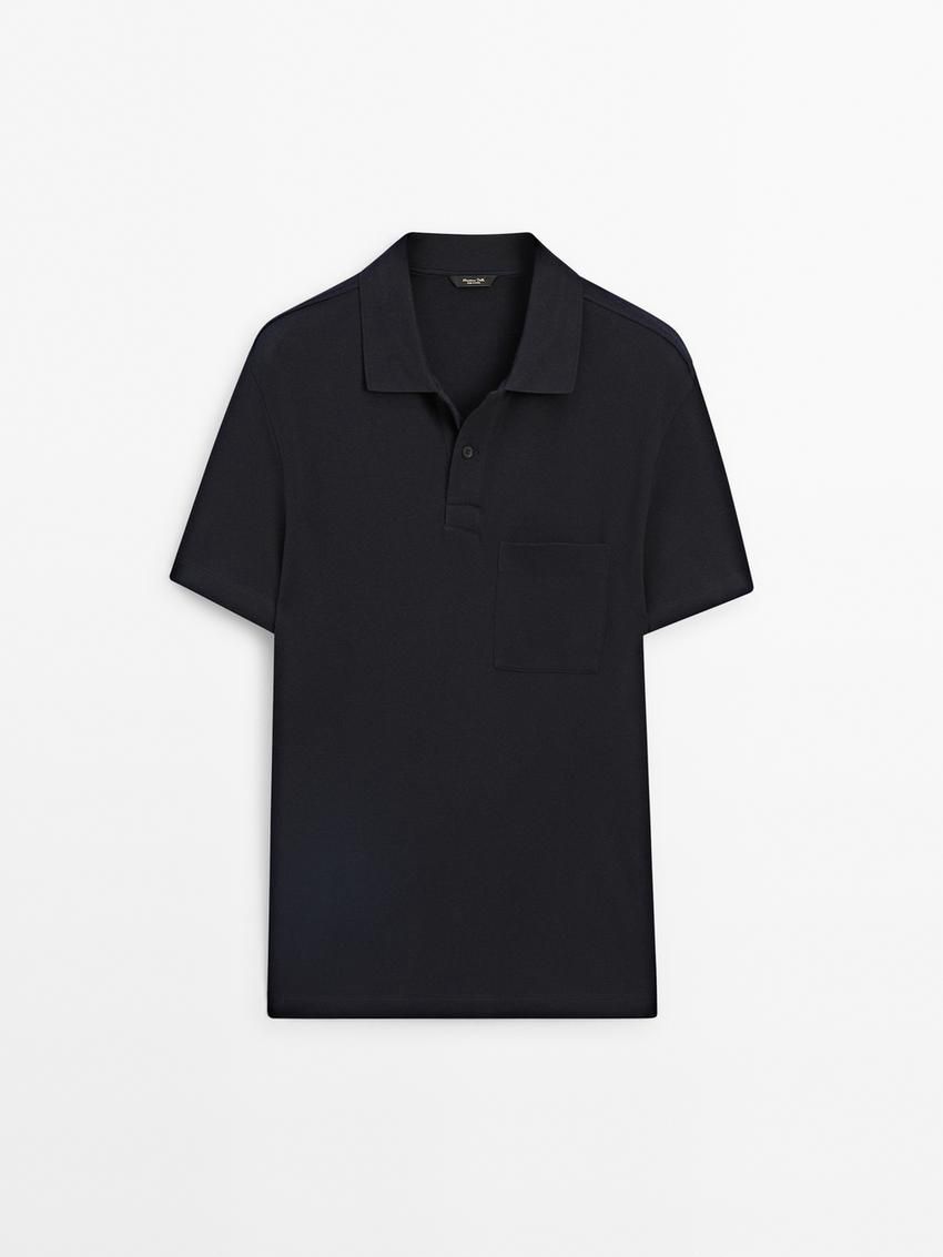 Massimo Dutti Textured Cotton With Pocket Detail Men Polo Shirt Navy | US-ZL2965031