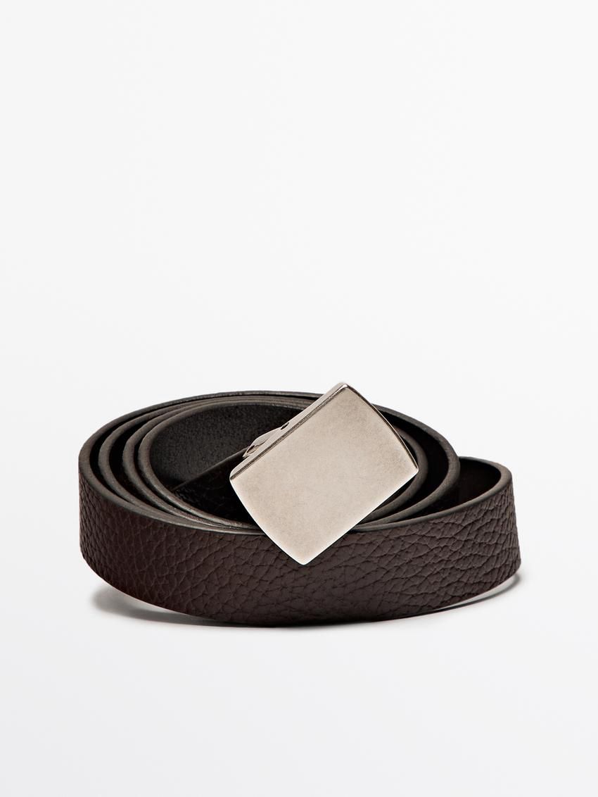 Massimo Dutti Textured Leather With Adjustable Buckle Men Belt Brown | US-YB7190524