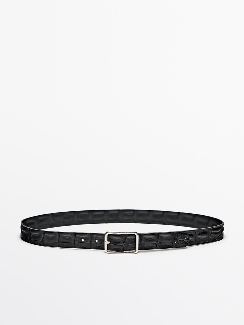 Massimo Dutti Textured Leather Women Belt Black | US-EO3561784