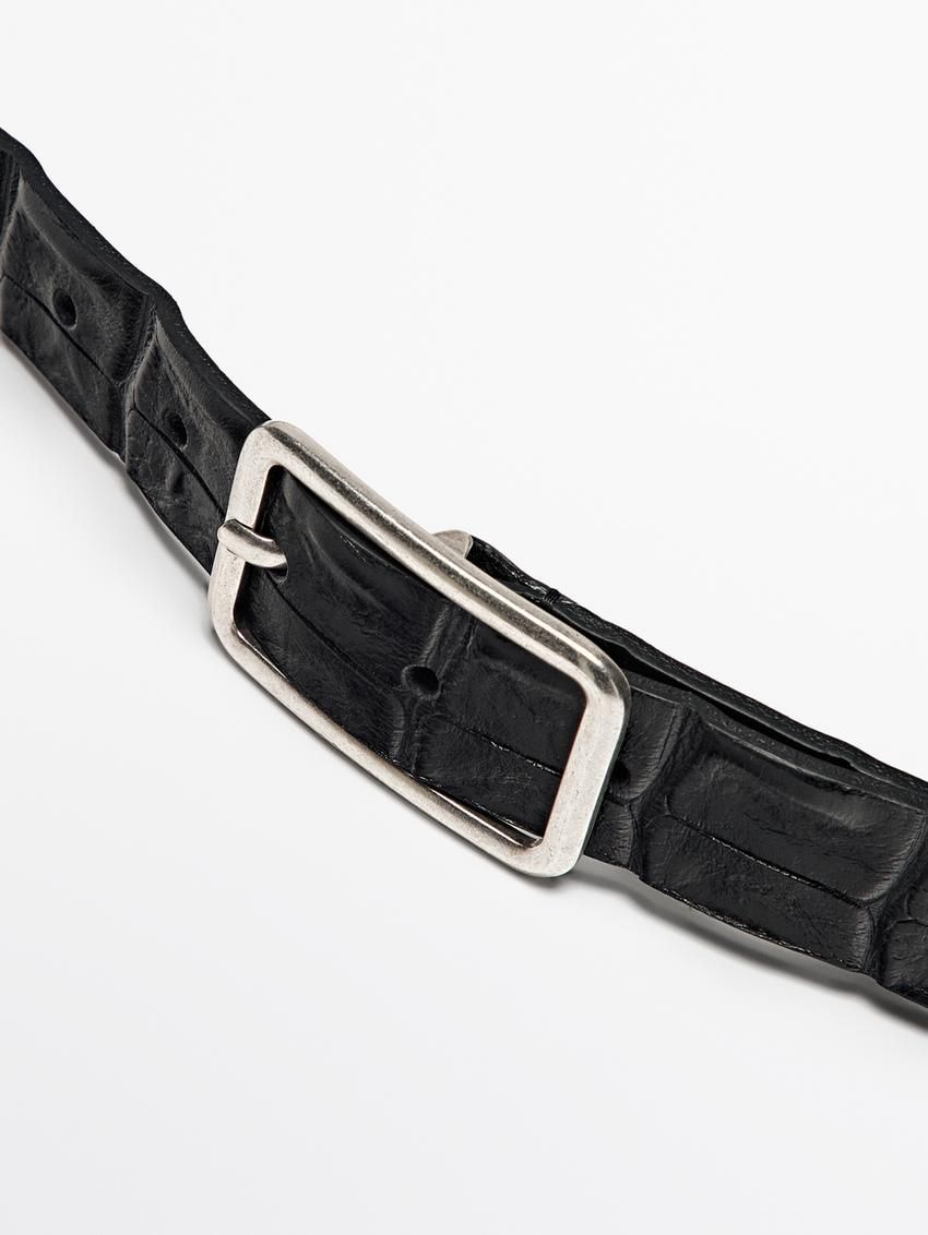 Massimo Dutti Textured Leather Women Belt Black | US-EO3561784