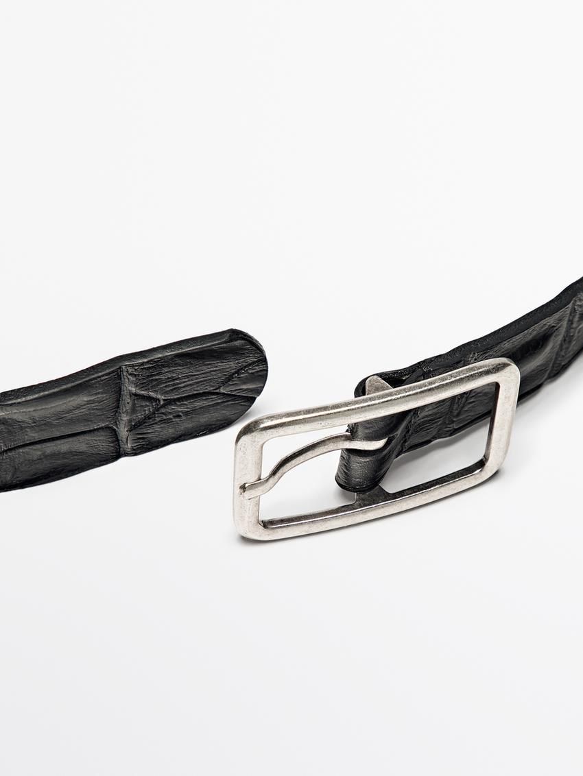 Massimo Dutti Textured Leather Women Belt Black | US-EO3561784