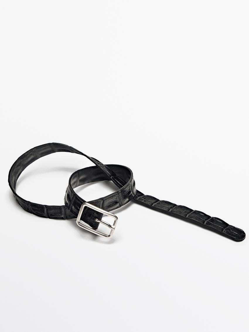 Massimo Dutti Textured Leather Women Belt Black | US-EO3561784