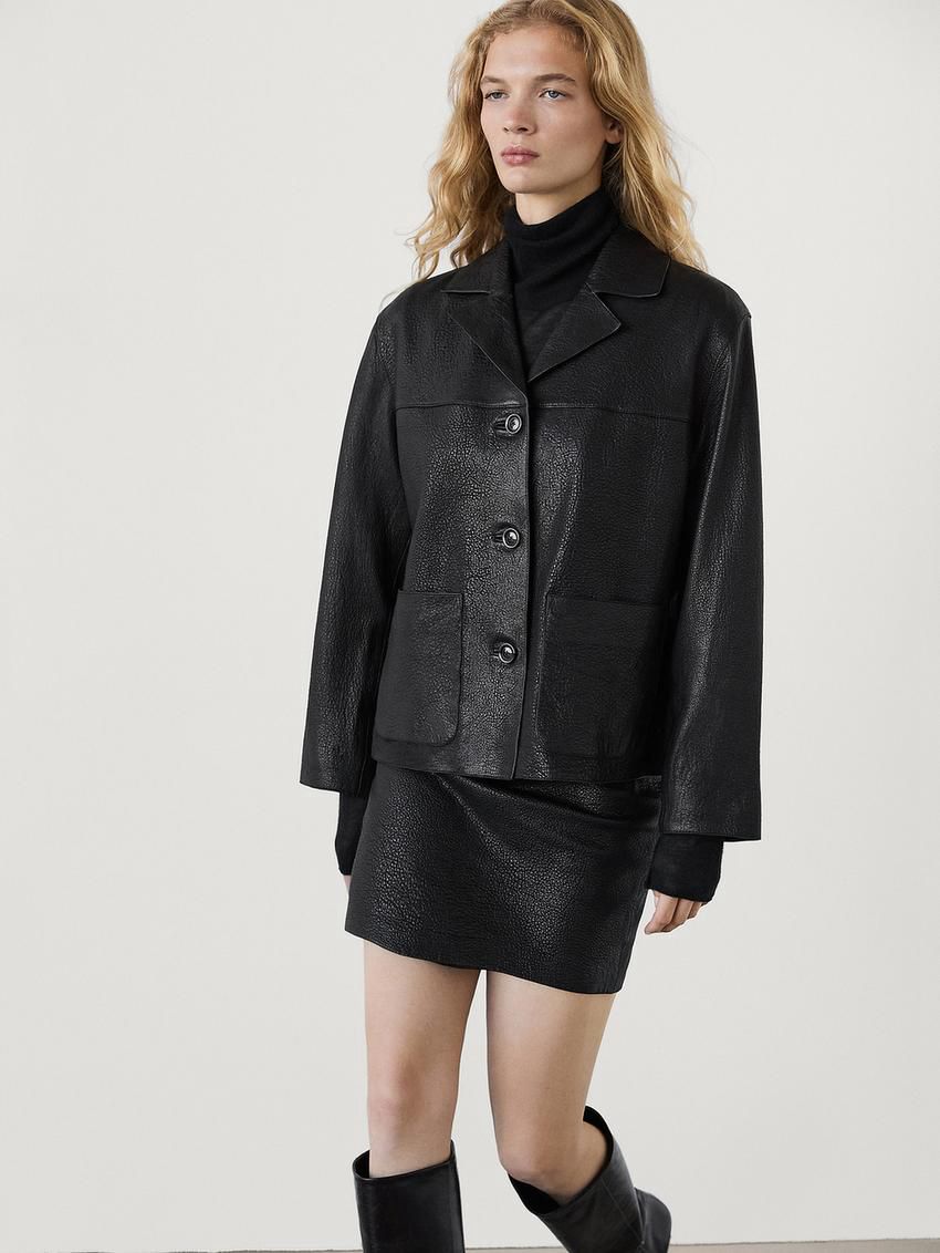 Massimo Dutti Textured Nappa Mini Women Leather Skirt Black | US-QP0629753