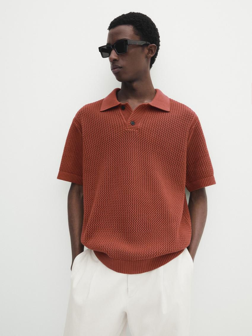 Massimo Dutti Textured Short Sleeve Sweater Men Polo Shirt Brown Red | US-DJ6452908