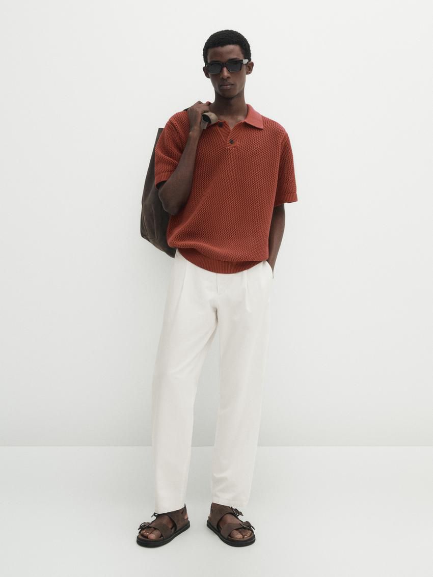 Massimo Dutti Textured Short Sleeve Sweater Men Polo Shirt Brown Red | US-DJ6452908