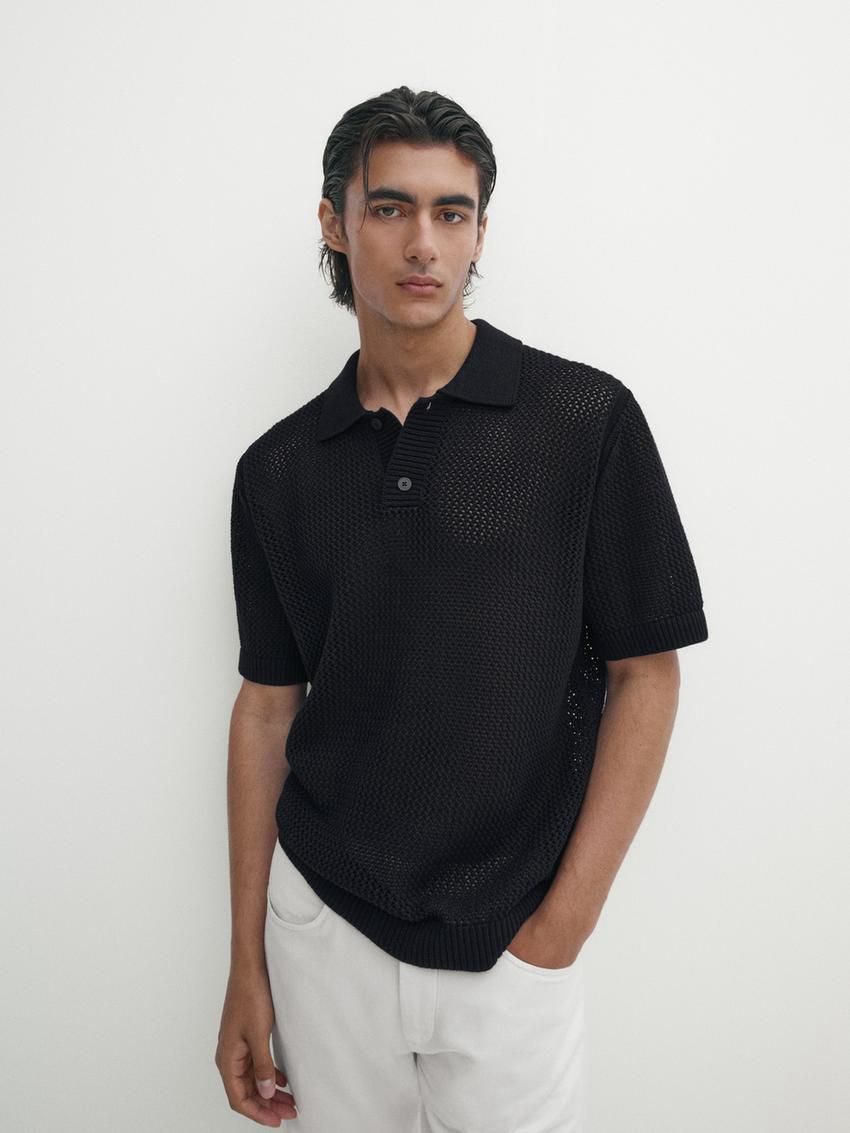 Massimo Dutti Textured Short Sleeve Sweater Men Polo Shirt Black | US-YS8912570