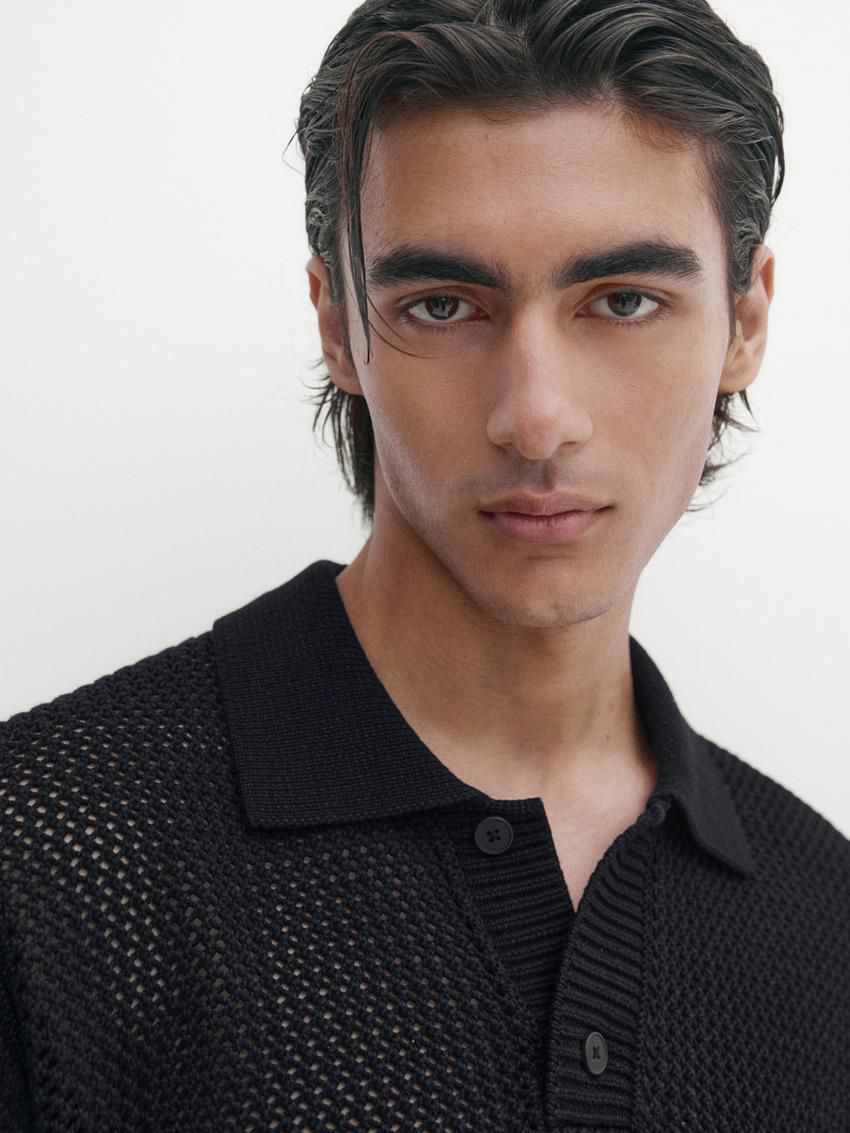 Massimo Dutti Textured Short Sleeve Sweater Men Polo Shirt Black | US-YS8912570