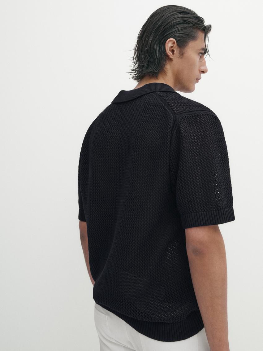 Massimo Dutti Textured Short Sleeve Sweater Men Polo Shirt Black | US-YS8912570